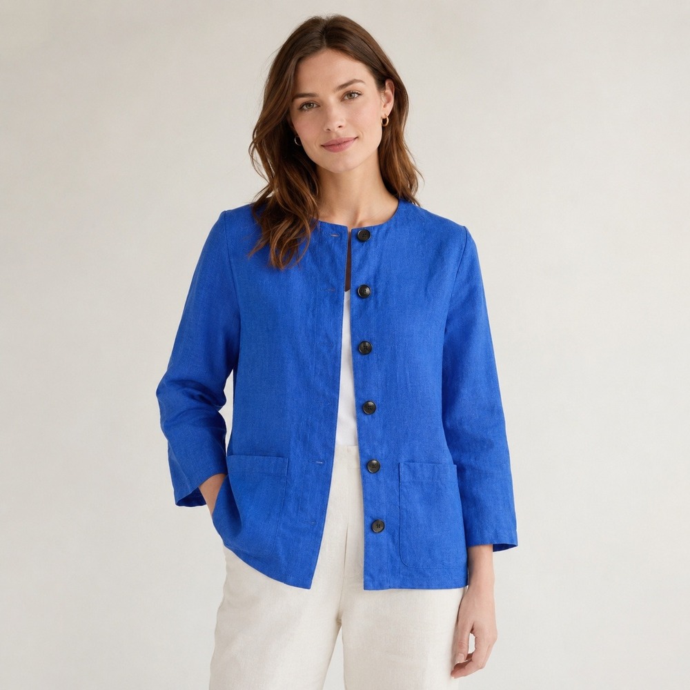VTG Liz Claiborne Royal Blue 100% Linen Blazer WMS 4P Made in USA by UNION
